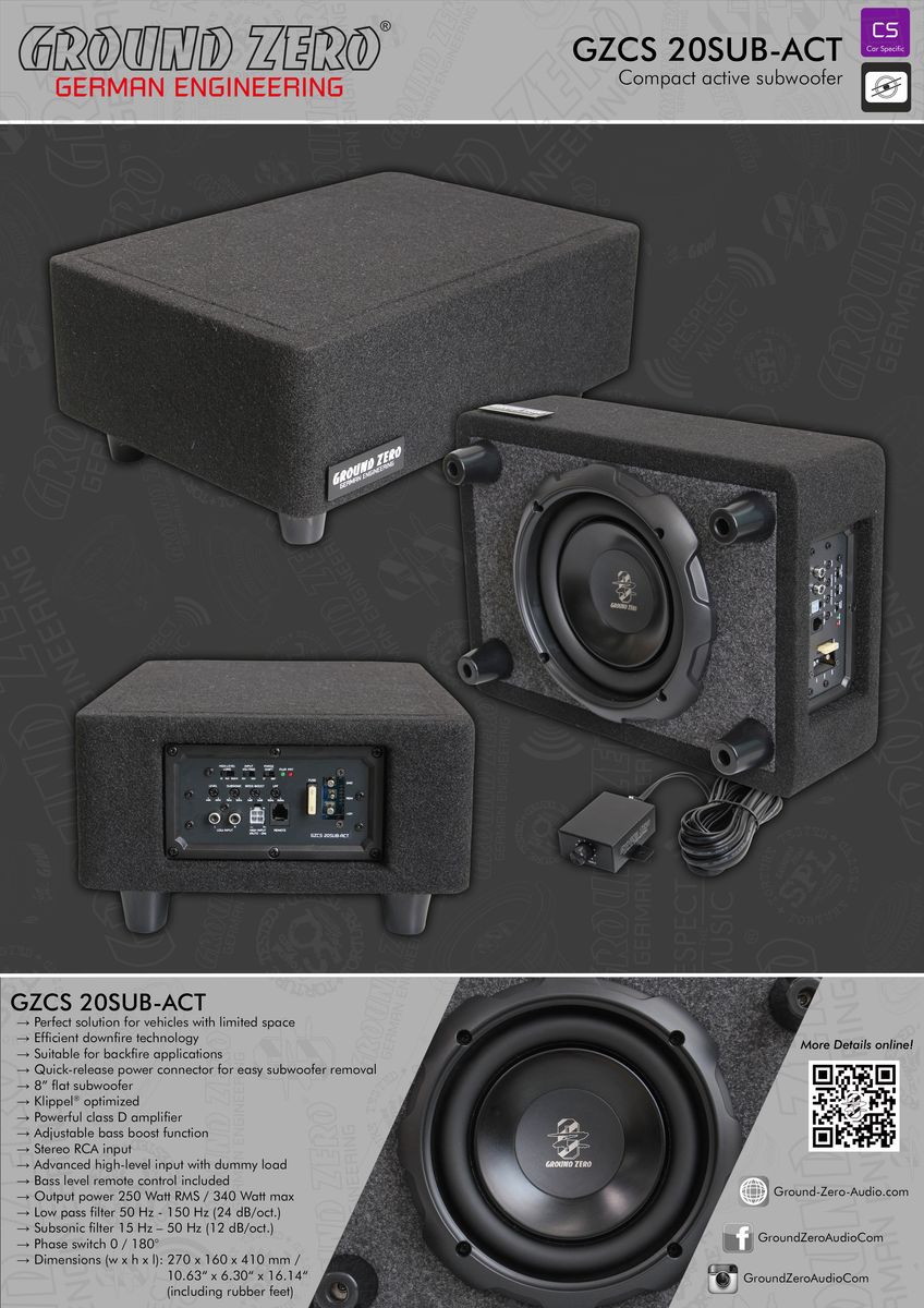 Ground Zero GZCS 20SUB-ACT Aktiv basskasse 8” 250W RMS – Car Specific